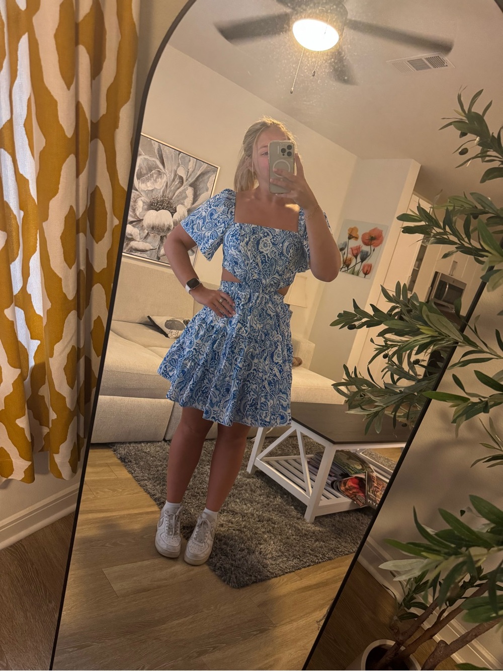 Blue Paisley Square-Neck Cutout Mini Dress